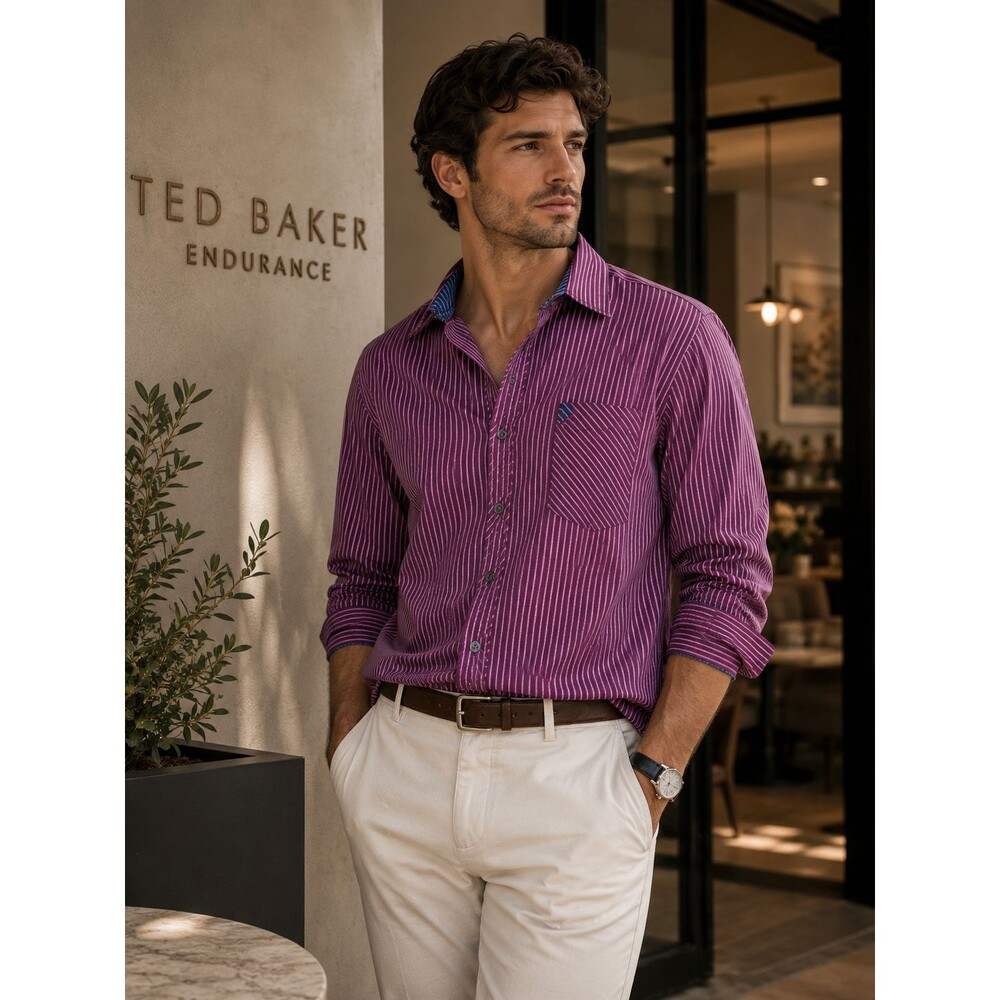 TED BAKER Mens Dress Shirt 17.5 SUPER‎ FINE COTTON Long Sleeve Striped Purple